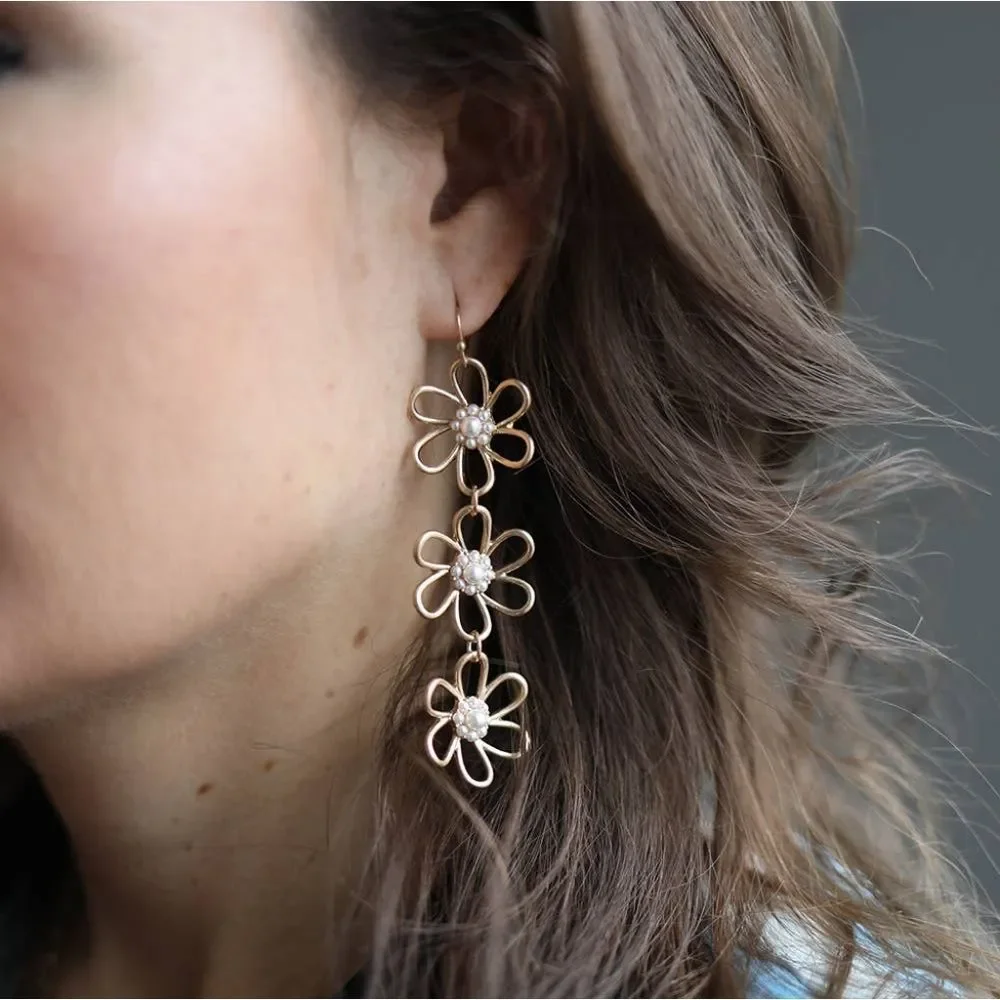 Pearl & Gold Flower Drop Earrings | Romantic Statement Jewelry